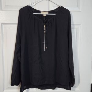 Michael Kors Black Lined Blouse with Zipper And Tie Front Detail, 8, NWT
